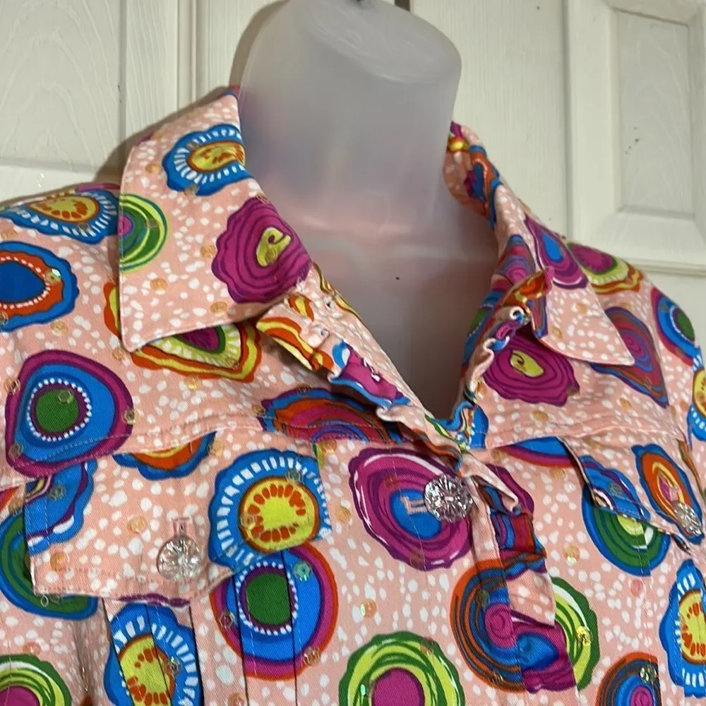 Redd Jeans Vibrant Sequin Pink Denim Jacket Large Circle Pattern 10 - Picture 5 of 16